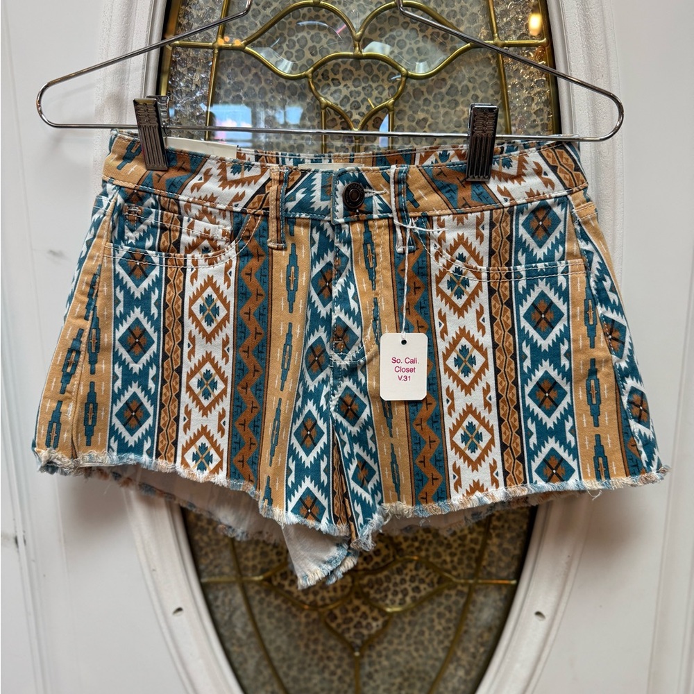 Shyanne Aztec Pattern Jean Shorts - Teal, Brown, Beige